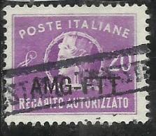 TRIESTE A 1949 1952 AMG - FTT ITALIA ITALY OVERPRINTED RECAPITO AUTORIZZATO LIRE 20 USATO USED - Steuermarken