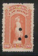 CANADA ONTARIO 1870 LAW STAMP REVENUE 20C RED-ORANGE USED BF#003 - Steuermarken