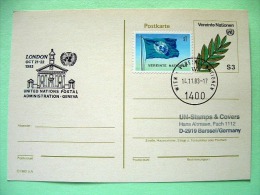 United Nations Vienna 1983 Special Cancel London On Pre Paid Postcard To Germany - Flag - Leaves - Brieven En Documenten