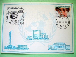 United Nations Vienna 1988 Special Cancel Wien On Postcard - Spaceship Cancel - Volunteer Day - Woman House Building - Briefe U. Dokumente