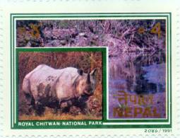 RHINOCEROS ROYAL CHITWAN NATIONAL PARK NEPAL RUPEE 4 STAMP NEPAL 1991 MINT MNH - Rhinoceros