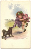 CASTELLI - Fillette Avec Fleurs Et Chien . - Castelli