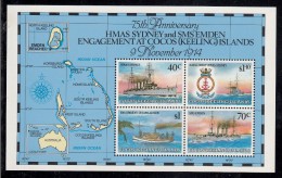 Cocos MNH Scott #210e Souvenir Sheet Of 4 75th Anniversary Naval Engagement HMAS Sydney, German Raider SMS Emden - Guerre Mondiale (Première)