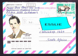 Cuba On Registered Air Mail Cover To South Africa - 1985 - Mario Martinez Arara, Water Buffalo - Brieven En Documenten