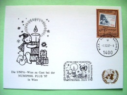 United Nations Vienna 1997 Special Cancel NUMPHIL On Postcard - Stamp On Stamp - Engraver - Bear With Candle Cancel - Covers & Documents