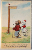 Cpa Litho Illustrateur Coloprint N°116 Chiens Chien Humanisé Habillé Debout Canne Cigarette Panneau Le Bon Chemin 1948 - Dressed Animals
