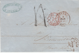 BELGIUM USED COVER NON AFFRANCHIE 08/06/1857 ANVERS VERS BRUXWILLER BELG.-VALENCIENNES PARIS A STRASBOURG - 1830-1849 (Independent Belgium)