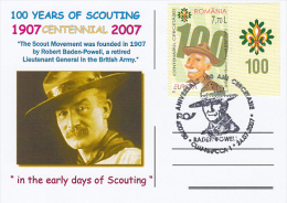 326- SCOUTS, SCUTISME, ROBERT BADEN POWELL, SPECIAL POSTCARD, 2007, ROMANIA - Covers & Documents