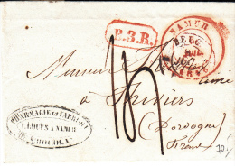 BELGIUM USED COVER 08/07/1846 NAMUR VERS THIVIERS DORDOGNE FRANCE GRIFFE ROUGE P3R & BELG. - 1830-1849 (Independent Belgium)