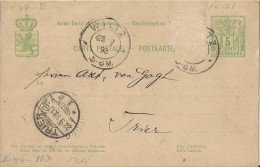 LUXEMBOURG 1893 - PRE-STAMPED POSTAL CARD OF 5 C FROM WILTZ SEP 28 TO TRIER  SEP 28 REJAL255/5 - 1882 Allégorie