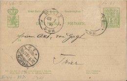 LUXEMBOURG 1893 - PRE-STAMPED POSTAL CARD OF 5 C FROM WILTZ SEP 28 TO TRIER  SEP 28 REJAL255/5 - 1882 Alegorias