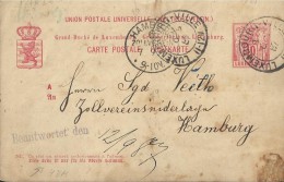 LUXEMBOURG 1887 - PRE-STAMPED POSTAL CARD OF 10 C FROM LUXEMBOURG TO HAMBURG GERMANY OBL SEP 6 ARR TO HAMBURG  SEP7 REJA - 1882 Alegorias