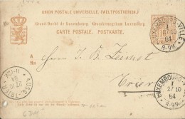 LUXEMBOURG 1884 - PRE-STAMPED POSTAL CARD OF 10 C FROM LUXEMBOURG TO TRIER OBL OCT 27 ARR TO TRIER OCT 27 REJAL255/24 - 1882 Allegory