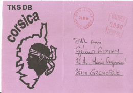 Marcophile Ema Rouge Bastia Corse 1989 Postes 0000 , Carte Qsl Tk5db , Flamme Rare ? - Freistempel