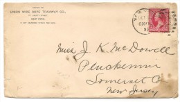 US - 3 - 1892 ADVERT COVER  From UNION WIRE ROPE TRAMWAY CO. Sent From NEW YORK To SOMERVILLE, NJ - Brieven En Documenten