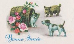 Carte Bonne Année,avec Chat ,prisonnier Dans 1 Tonneau,chiens,chien En Attente,cat,dog,chatton - Nouvel An