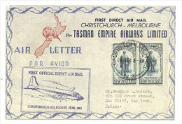 First Flight Christchurch-Melbourne 28 Aout 1951 Par Tasman Empire Airways, Deux Photos., Lettre Adressée à New-York - Corréo Aéreo