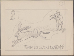 Saint Marin 1962 Y&T 562/71. Dessin Original De Corrado Mancioli, Pour La Série « Chasse Moderne ». Chasse Au Lapin - Conejos