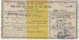 Ordre De Transport Pour Isolé Sans Bagages Et Sans Chevaux ( Feuille De Route)/ St Brieuc/train/ 1918       POIL132 - Dokumente