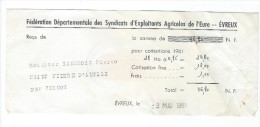 Agriculture/ Reçu De Cotisation/ Féd. Dép. Des Syndicats D'exploitants Agricole De L'Eure/Evreux/ 1961       VP656 - Unclassified