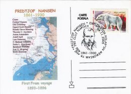 526- FRIDJOF NANSEN, ARCTIC EXPLORER, FIRST FRAM VOYAGE, MAP, SPECIAL POSTCARD, 2005, ROMANIA - Polar Exploradores Y Celebridades
