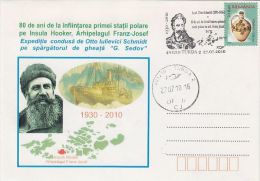 536- HOOKER ISLAND ANTARCTIC BASE, O.I. SCHMIDT, SEDOV ICEBREAKER SHIP, SPECIAL COVER, 2010, ROMANIA - Research Stations