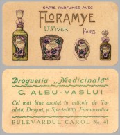 PUBLICITÉ PARFUM - CARTE PARFUMÉE : FLORAMYE - L.T. PIVER PARIS Avec PUBLICITÉ PARFUMEUR De VASLUI, ROUMANIE (q-602) - Profumeria Antica (fino Al 1960)