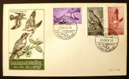 SAHARA ESPAGNOL Oiseaux. Yvert 140/42.  Enveloppe 1er Jour, FDC, Emis En 1958 - Songbirds & Tree Dwellers