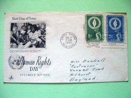 United Nations - New York 1955 FDC Cover To England - Human Rights Day - Hand Holding Torch - Children - Covers & Documents