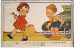 CPA LITHO Illustrateur Gougeon ENFANT Panne Voiture Campagne Voyagé 1950 Timbre Oran Algerie Alger - Gougeon