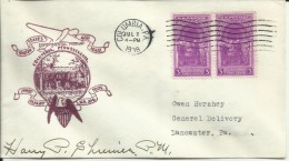 UNITED STATES STATI UNITI USA 2 JUL 1939 COLUMBIA PENNSYLVANIA EXPERIMENTAL PICK-UP ROUTE FIRST FLIGHT AM 1001 FDC COVER - 1851-1940