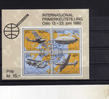 NORWAY NORGE NORVEGIA NORVEGE 1980 AVIATION AIRCRAFT BLOCK SHEET AVIAZIONE BLOCCO FOGLIETTO FIRST DAY CANCEL FDC - Blocchi & Foglietti