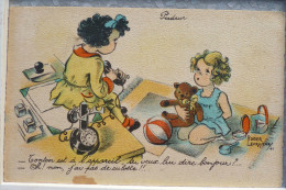 Litho Illustrateur LEVASSEUR Enfant Fillette PUDEUR Telephone Ours Peluche Voyagé Nancy Timbre France Chaine Brisée 1944 - Levasseur, Roger