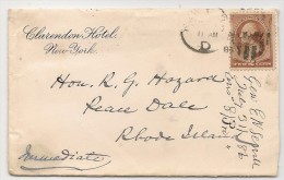 US - 3 - 1886 COVER From CLARENDON HOTEL, NY To RHODE ISLAND - Covers & Documents