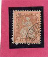 SWITZERLAND - SUISSE - SCHWEIZ - SVIZZERA 1881 HELVETIA CENT. 20 ORANGE SILK THREADS USATO USED - Usati