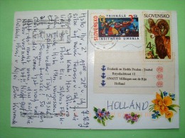 Slovakia 1996 Postcard "Piestany - Curch - River - Bridge" To Holland - Mountain Goat Mouflon - Naive Art - Flowers - Covers & Documents