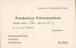 Denmark FREDERICIA FILATELISTKLUB Generalforsamling FREDERICIA 1937 Card Karte 2 Ø Wellenlinien M. Margin (2 Scans) - Covers & Documents