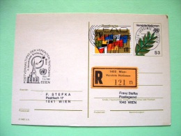 United Nations - Vienna 1982 Special Cancel Essen On Registered Pre Paid Postcard To Wien - Olive Branch - Flags - Briefe U. Dokumente