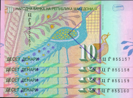 Macedonia,10 Denari,12.2011,P.14,4 Banknotes Consecutiv Serial No.,UNC,signet Governer:Bogov,as Scan - North Macedonia