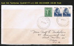 AUSTRALIAN ANTARCTIC TERRITORIES   SCOTT # 171(2) + 239 (Australia) On COVER To USA (FEB 15 1954) - Covers & Documents