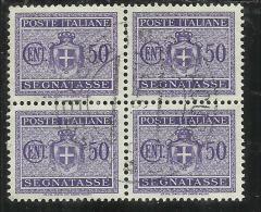 ITALIA REGNO LUOGOTENENZA 1945 SEGNATASSE SENZA FILIGRANA CENTESIMI 50 QUARTINA TIMBRATA BLOCK USED - Postage Due