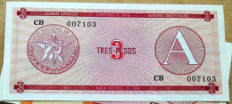 Tres (3) PESOS, Certificado De Divisa (Exchange Certificate) Letra A, Rojo 1985 UNC, CUBA - Cuba