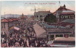 LONG BEACH CA, STREET SCENE ON THE PIKE -PEOPLE- OWL CIGAR ADVERTISING SIGN -ca1910s-1920s Vintage Florida Postcard - Long Beach