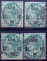 BRITISH INDIA 1883 1/2anna Queen Victoria SERVICE USED 4 Stamps - 1882-1901 Impero