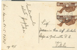 COLONIE ITALIANE ERITREA Cent.10+10, CARTOLINA VIAGGIATA  1937, TIMBRO P.M. 122E, PER VITERBO, CAPIGLIATURE DI BIRGINIE, - Eritrée