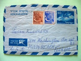 Israel 1957 Aerogramme To Miami USA - Flying Deer - Arms Lion - Brieven En Documenten