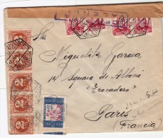 1937, LETTRE ESPAGNE,  CENSURA VALENCIA, VALENCIA HEXAGONAL Pour PARIS, 9 TIMBRES + 2 BIENFAISANCE  /2292 - Marcas De Censura Republicana