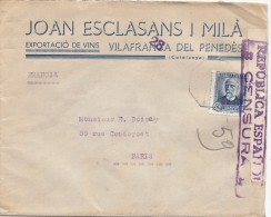 1937, LETTRE ESPAGNE,  CENSURA REPUBLICA 23 , VILAFRANCA DEL PENEDES Pour PARIS,  /331 - Marcas De Censura Republicana