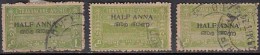 3 Diff., Shade / Perf., Variety, Half Anna, Travancore Cochin Used 1949 - Travancore-Cochin