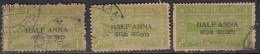 3 Diff., Shade / Perf., Variety, Half Anna, Travancore Cochin Used 1949 - Travancore-Cochin